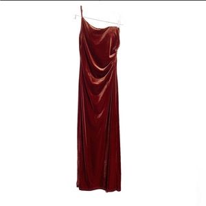 revelry jade velvet one shoulder slit ruched side bridesmaid prom maxi dress